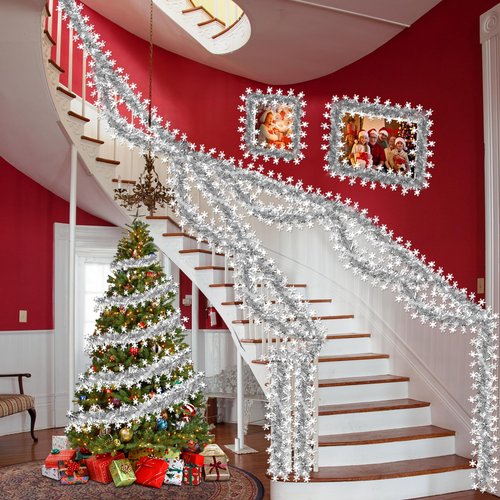 50 FT Christmas Decorations Tinsel Garland, Christmas Snowflake Garland Xmas Shiny Twist Metallic Garlands Decorations for Xmas Tree Home Indoor Outdoor Holiday Xmas Party Decor