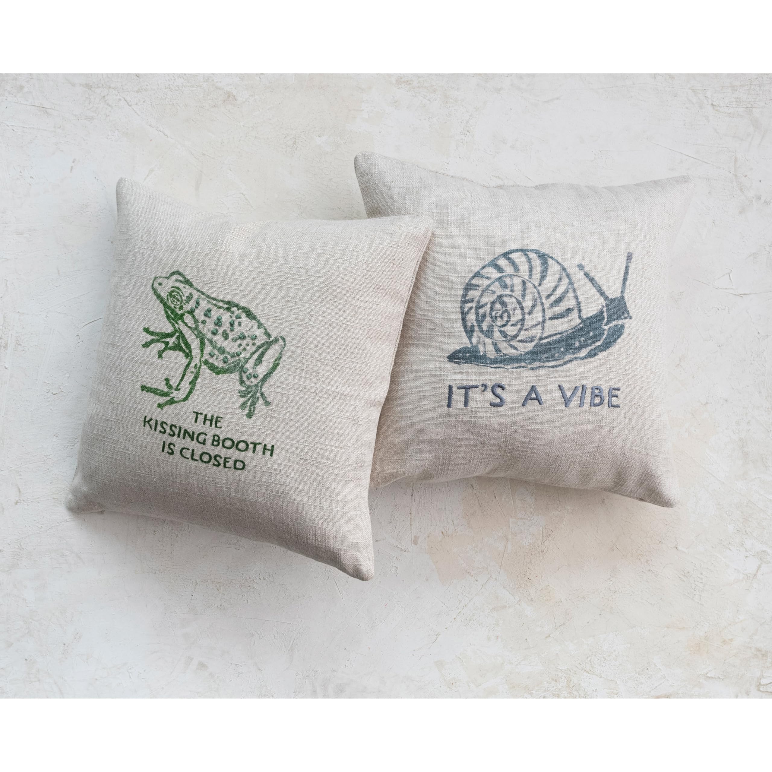 16" Square Linen Blend Printed Pillow with Frog and The Kissing Booth is Closed Text Prints and French Knots, Natural and Green