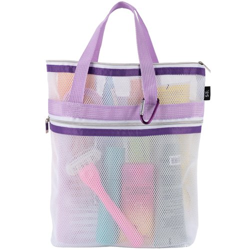 S&T INC. Mesh Shower Caddy, Shower Bag for Dorm Room Essentials, Gym Bag, Camping and More, Two Zippered Pockets, White and Purple, 10 Inches x 10 Inches