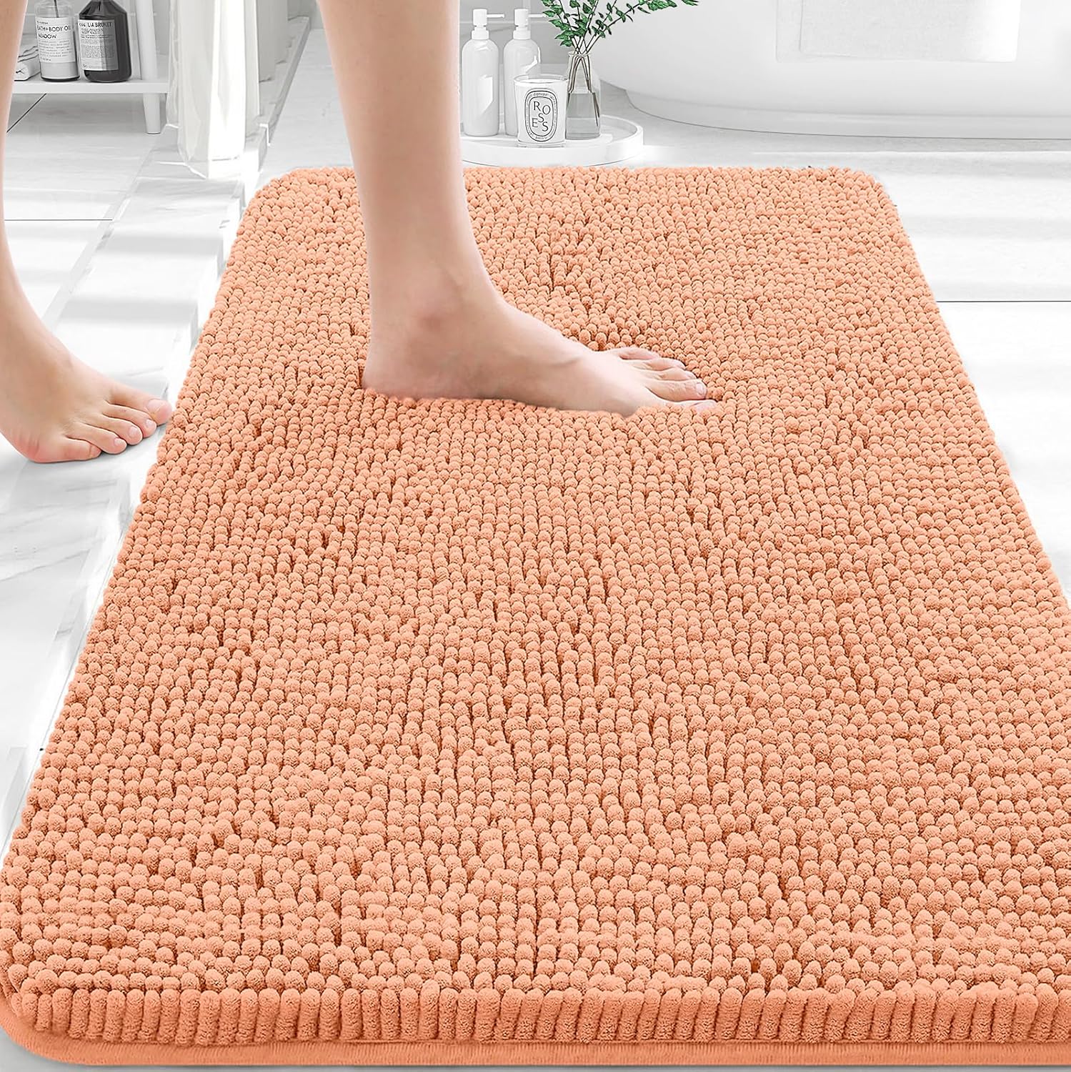OLANLY Bathroom Rugs - Extra Soft Absorbent Chenille Mats | 36x24, Quick Dry, Machine Washable, Peach