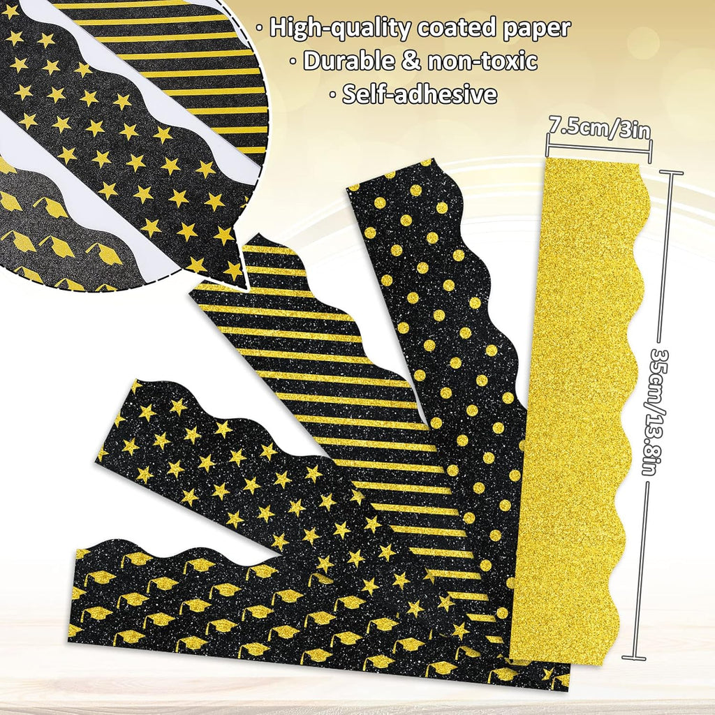Whaline Graduation Bulletin Board Borders - Glitter Black & Gold Cap & Star Trim | 69 Ft Classroom Decor