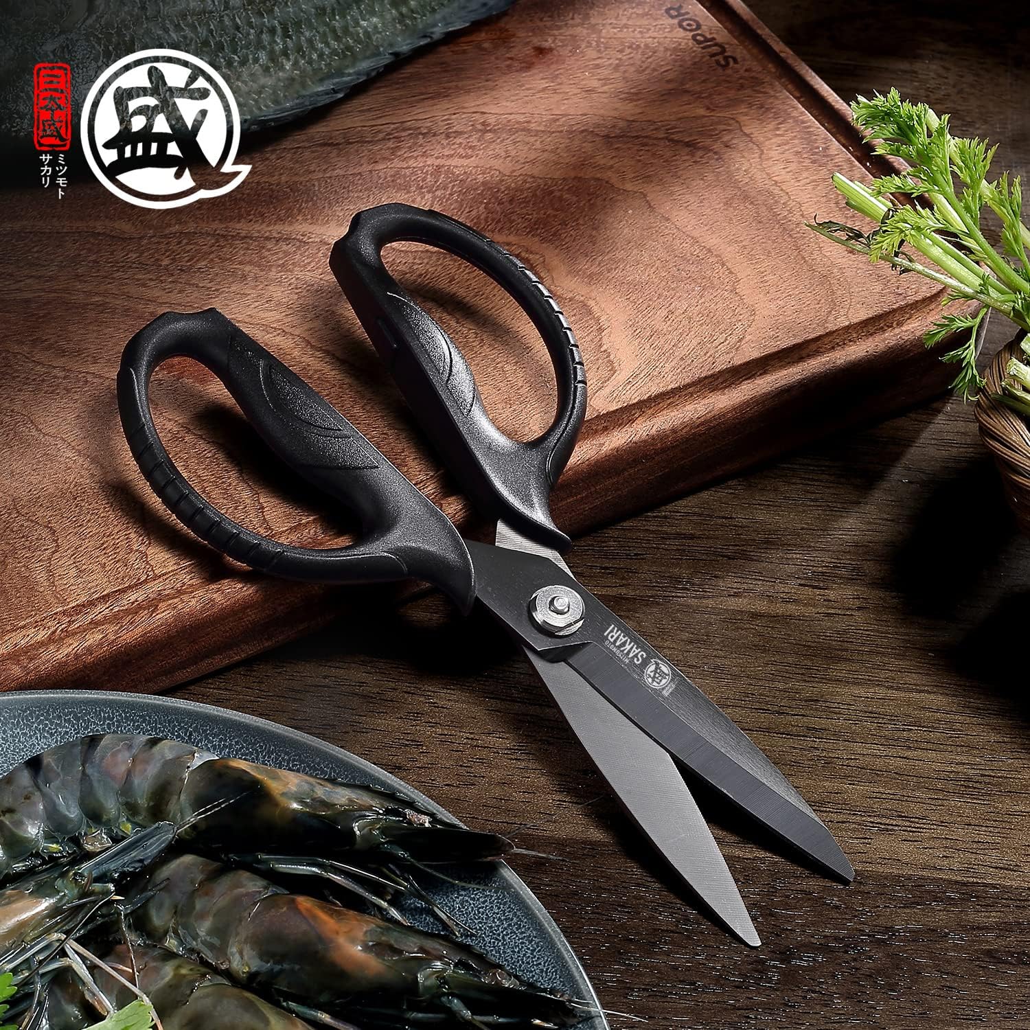 MITSUMOTO SAKARI Kitchen Scissors - Heavy Duty Black Titanium Plated, Multipurpose Herb & Cooking Tool