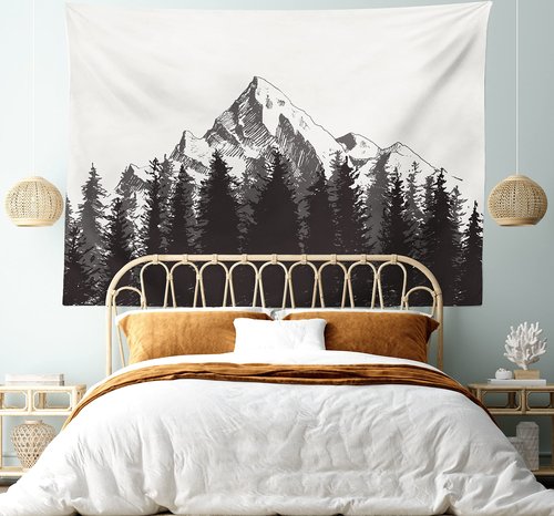 Ambesonne Prehistoric Tapestry, Mountain Fir Forest and Arrow Folk Style Retro Print, Wide Wall Hanging for Bedroom Living Room Dorm, 60" X 40", Dimgrey