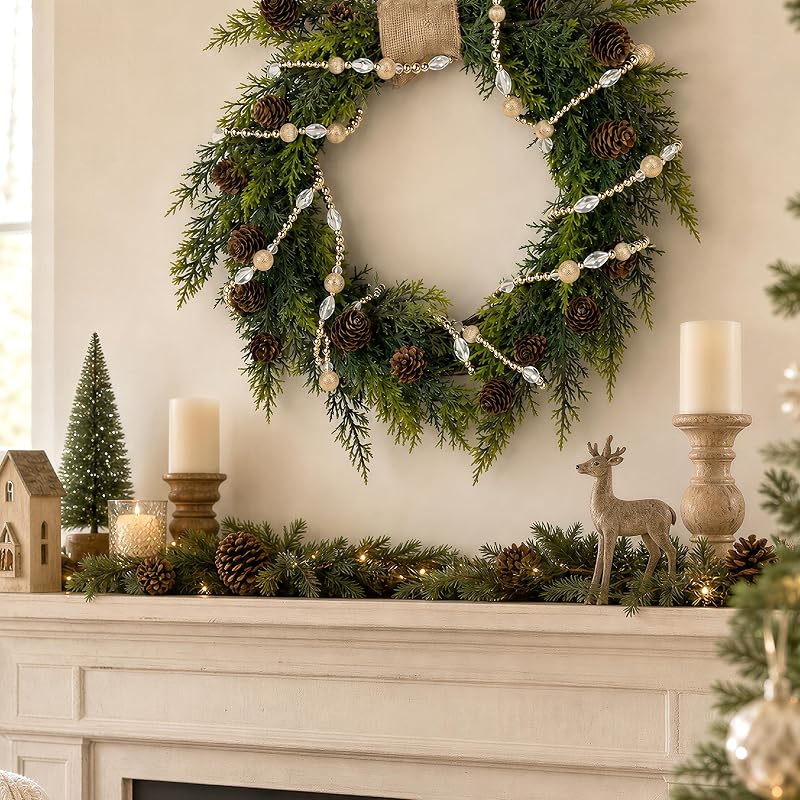 Golden 3pc 30ft Christmas Bead Garland Set - Gold Beaded Garland for Tree, Mantel & Wreath (Variation: Golden-3pcs)