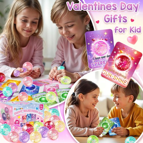 Valentine Gifts for Kids, 28 Pack Valentines Day Cards with Glitter Stress Balls, Squeeze Fidget Toys Bulk for Classroom School Valentine's Gifts Exchange, Valentine Party Favors for Boys Girls