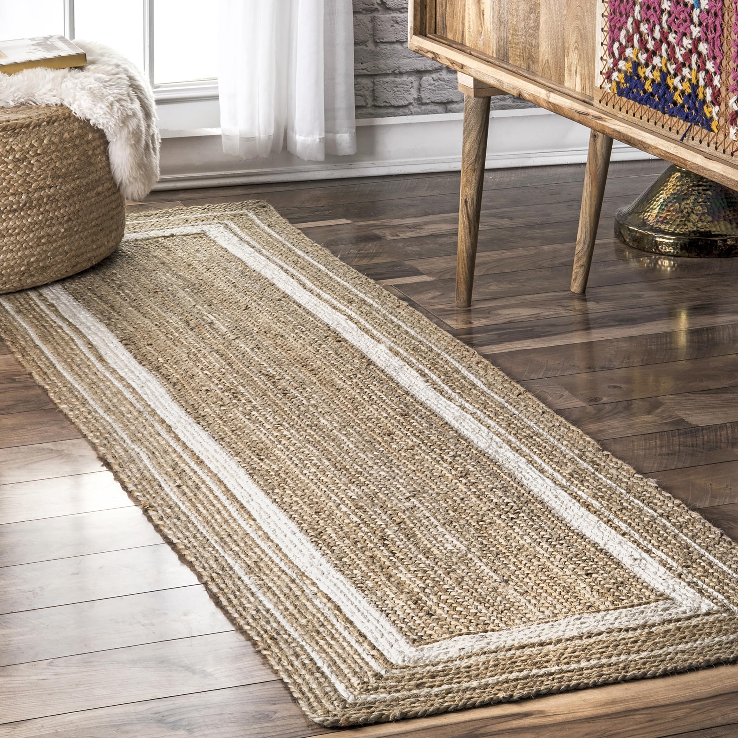 Nuloom Rikki Off-White/Natural, 2'6" x 6', Coastal Braided, Jute, Soft and Textured, High Traffic, Stain Resistant, Easy Clean, Durable Runner for Bedroom, Living Room, Dining, Foyer, Entryway