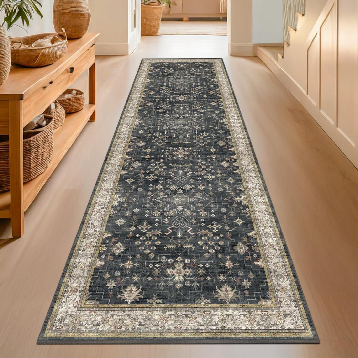Skiennix Black Washable 10ft Long Runner Rug - Non-Slip Rubber Backing | Boho Vintage Style for Hallways & Kitchens