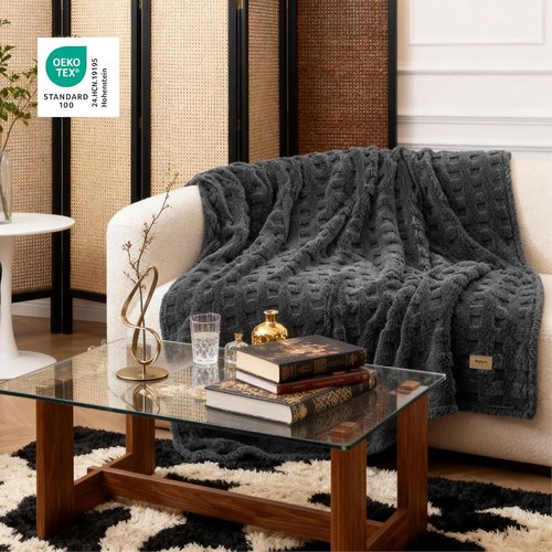 Bedsure Waffle Throw Blanket - Cozy Dark Grey Fluffy Fleece Blanket for Couch | 50x60 Inches