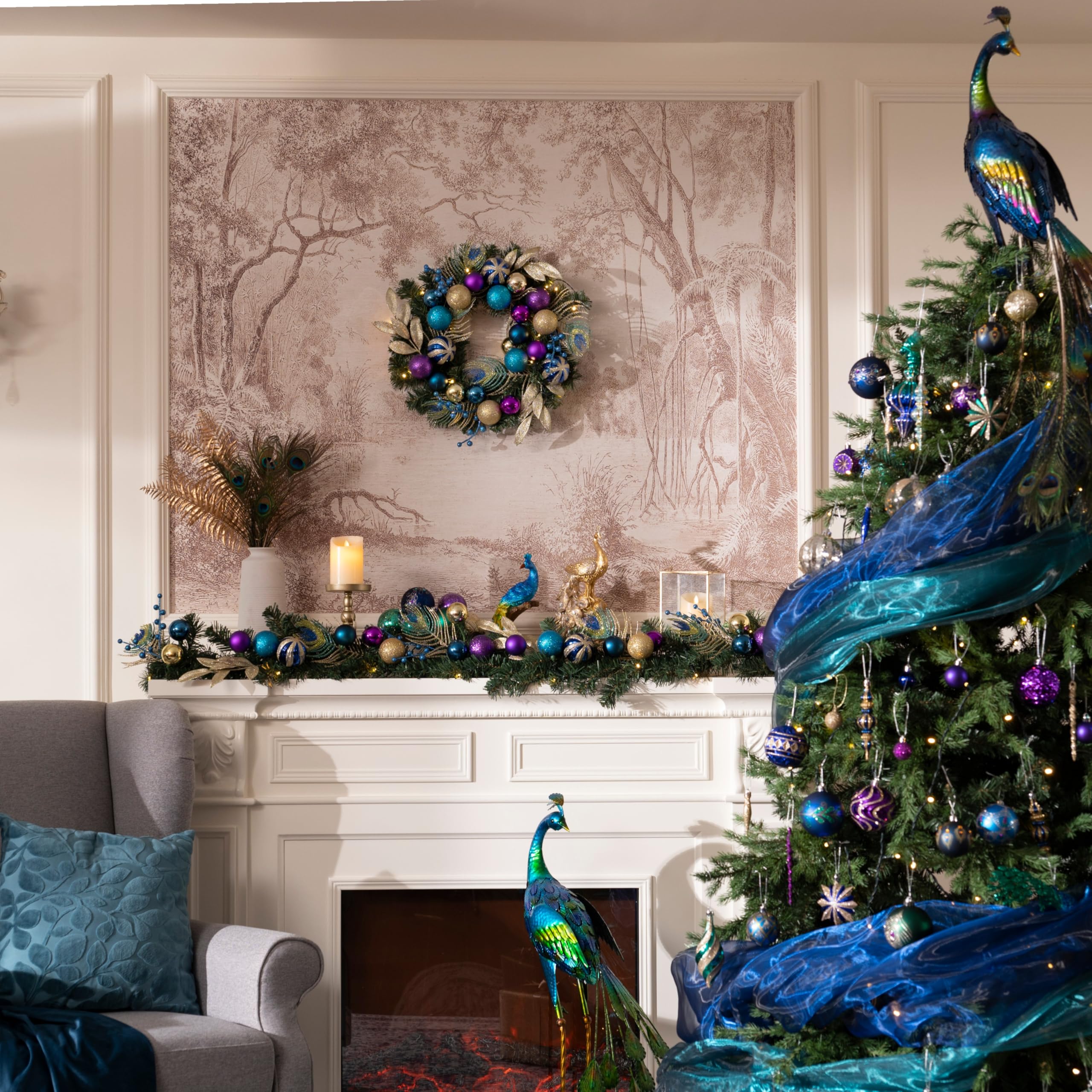 Valery Madelyn 6 Feet Pre-Lit Christmas Garland with Lights for Mantle, Lighted Outdoor Xmas Garland with Peacock Feather & Balls for Home Stairs Fireplace Table Centerpiece Indoor Holiday Party Decor