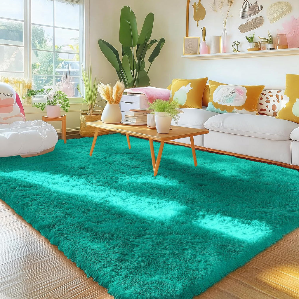 OLANLY Area Rugs - Soft Fluffy Shaggy Indoor Carpet for Living Room & Bedroom | 4x5.9 ft Teal Green