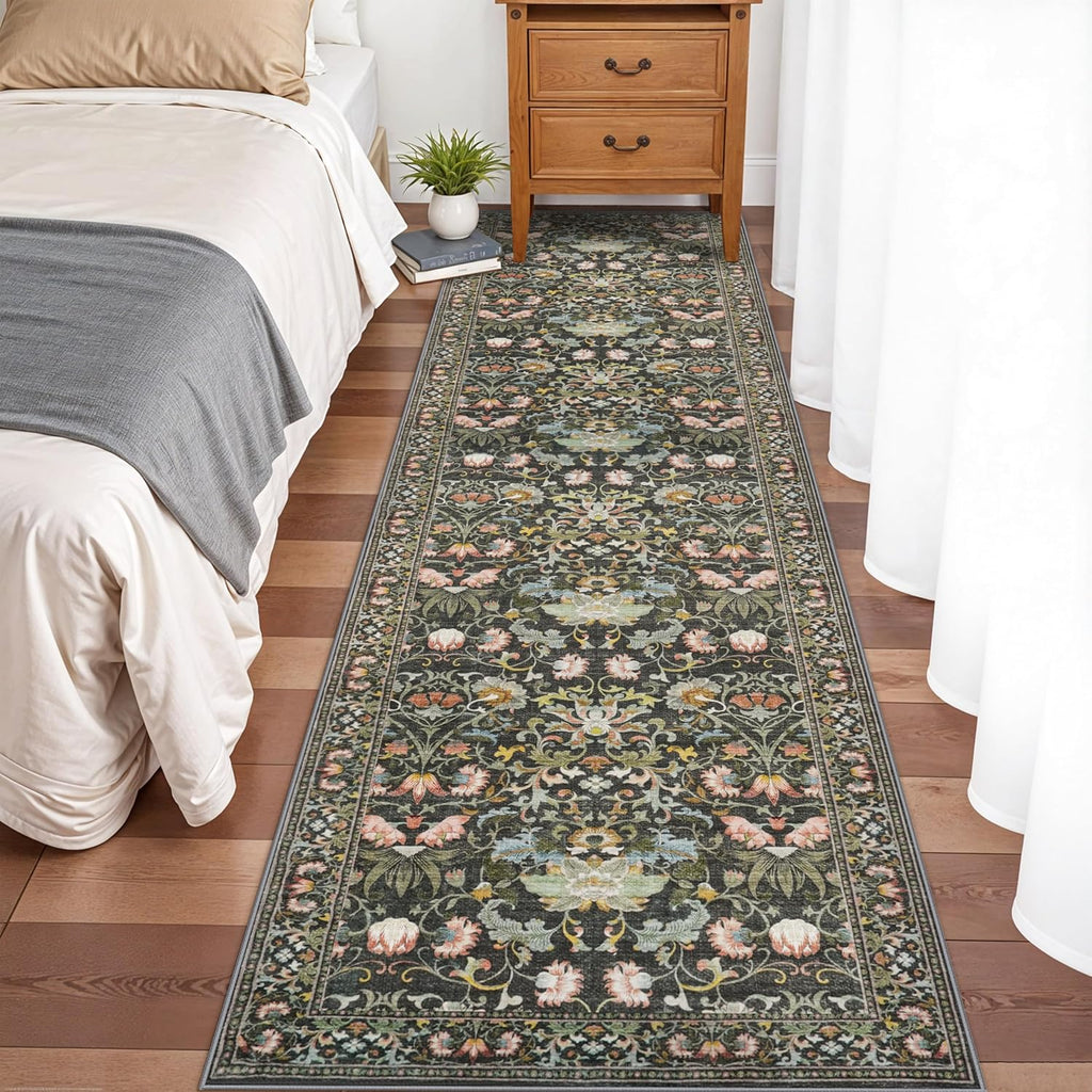 Skiennix Washable 2x8 Hallway Runner Rug - Vintage Water-Resistant Indoor Carpet | Ultra Soft Green Mat