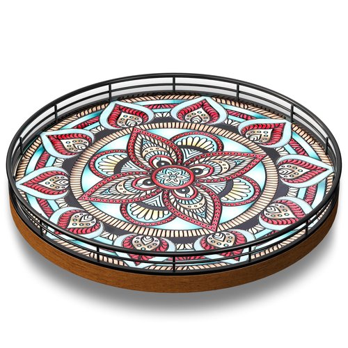 Oak Bohemia Lazy Susan 10.2" Turntable Organizer for Table Top with Ceramic 3D Boho Texture, Round Wooden Lazy Susan for Dining Table Decor, Kitchen, Countertop, Home Decor, Walnut Wood, Farmhouse