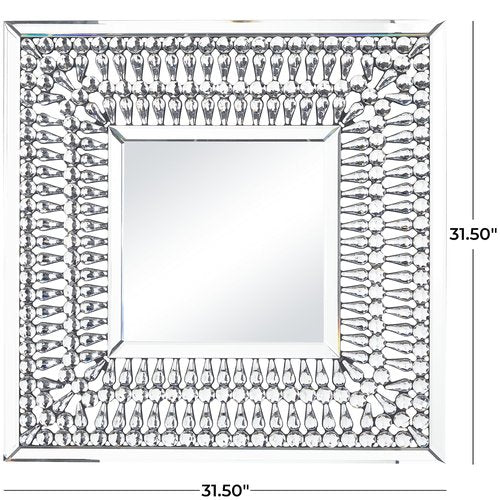 Deco 79 Glass Wall Mirror with Crystal Embellishment, 32" x 1" x 32", Silver