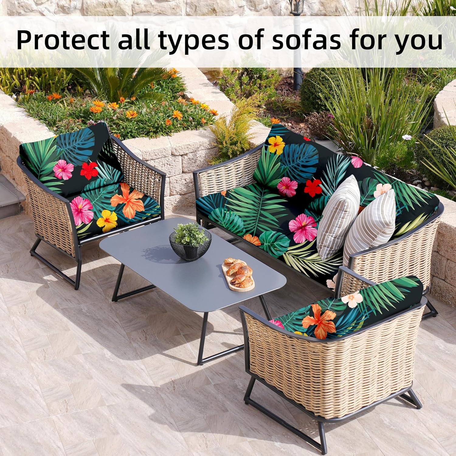 Skiennix 8-Piece Stretch Patio Cushion Covers - Washable Outdoor Sofa Slipcovers | Floral Design