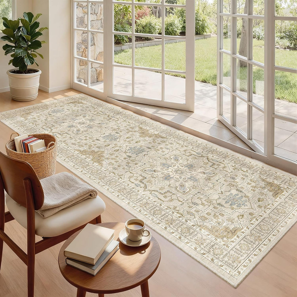 Madane Hallway Runner - Vintage Washable 3x8 Kitchen Rug | Non-Slip Indoor Area Carpet in Beige/Blue