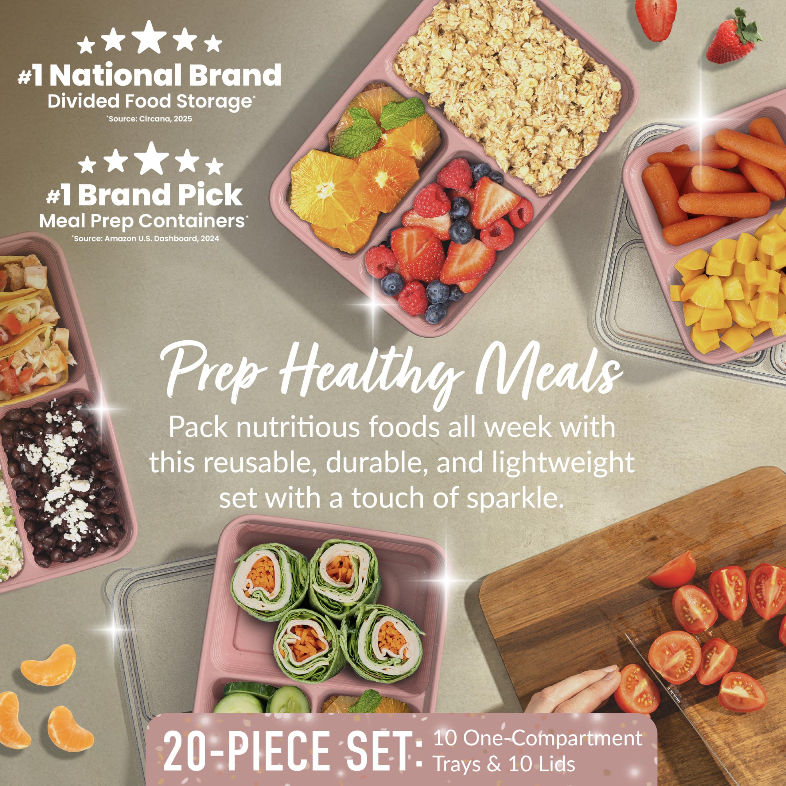 Bentgo Prep - 20-Piece 3-Compartment Reusable Meal Prep Containers with Lids, PFAS & BPA Free Materials, Durable, Microwave, Freezer, & Dishwasher Safe To Go Food Storage (Rosette Glitter)