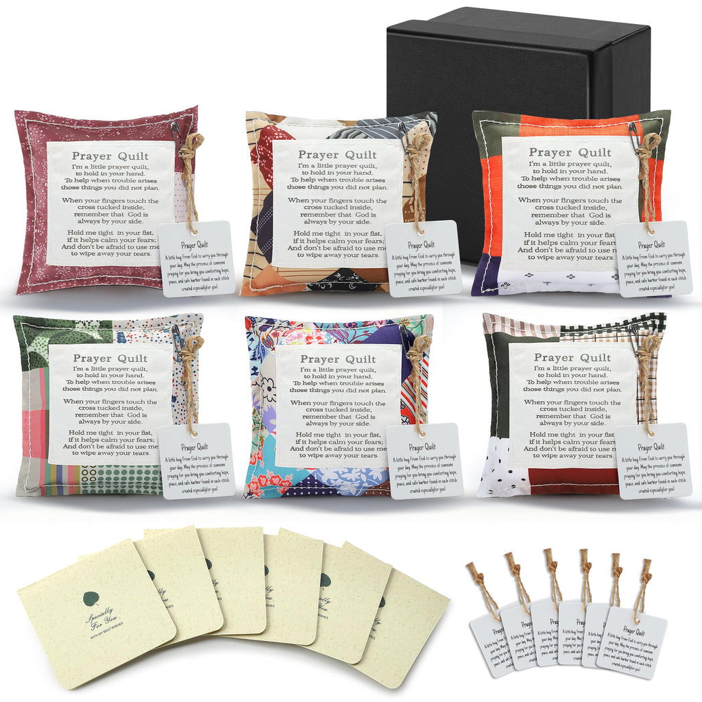 SURDOCA 6PCS Prayer Quilt with Cross Inside & Greeting Card, Handmade Pocket Prayer Quilt in Gift Box, Christian Get Well & Encouragement Gift for Women & Men