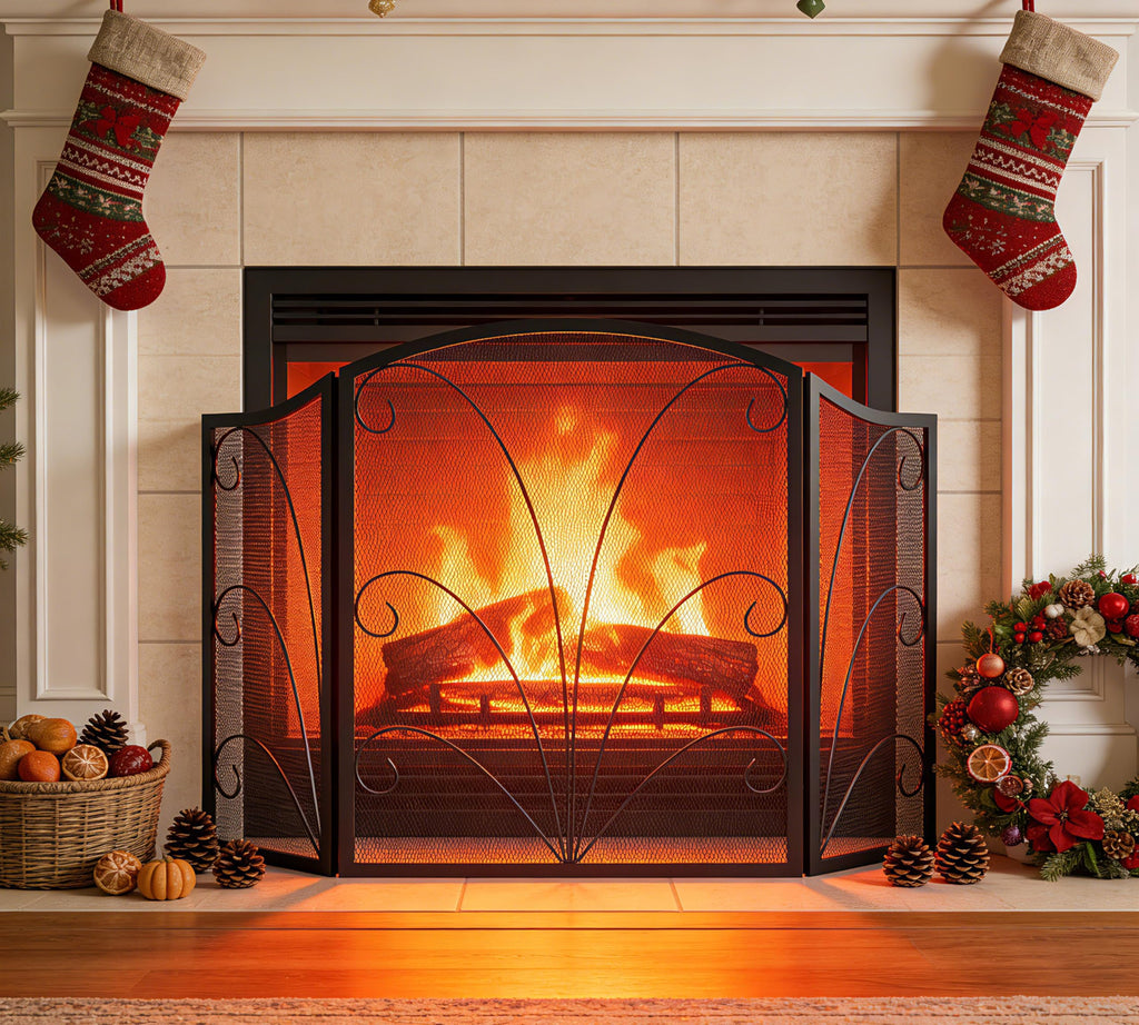 Kingson 3-Panel Arched Fireplace Screen Decorative, Handcrafted Scroll Wrought Iron Fireplace Spark Guard Cover - Black