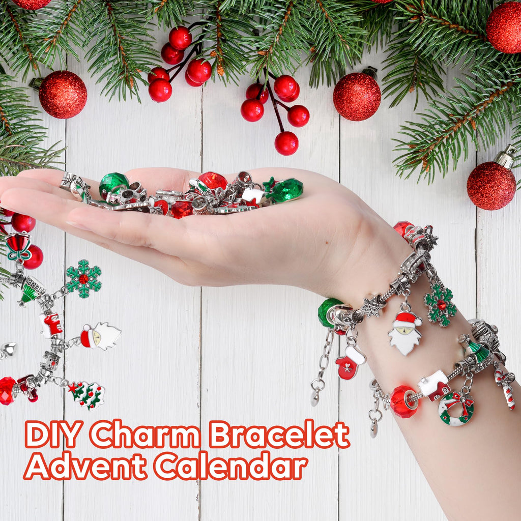 Christmas Advent Calendar Bracelets 2026 for Girls, 24 Days Xmas Countdown DIY Jewelry Kit with 22 Charm Beads and 2 Adjustable Bracelets Gift for Kids Teens Women