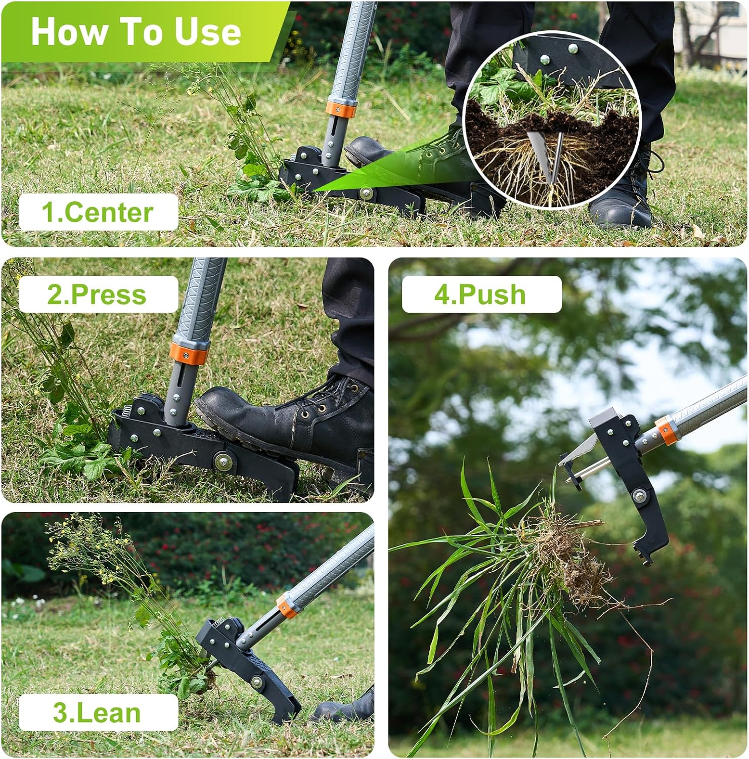 Stand Up Weed Puller Tool by [Brand Name] - 4-Claw Steel Head, 39"-46" Adjustable Handle for Effortless Weeding