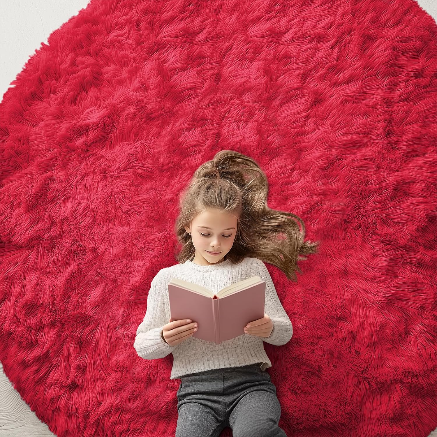 OLANLY Red Round Area Rug - Soft, Fluffy, Machine Washable 6 ft Circle Carpet for Bedroom & Living Room Decor