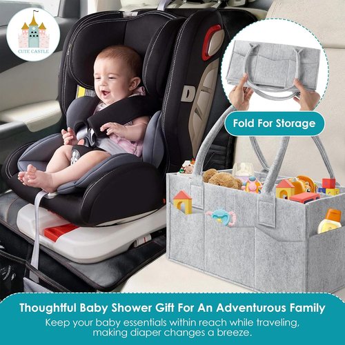 Cute Castle Diaper Caddy Organizer - Portable Nursery Storage Bin with Handle for Boys & Girls - Grey