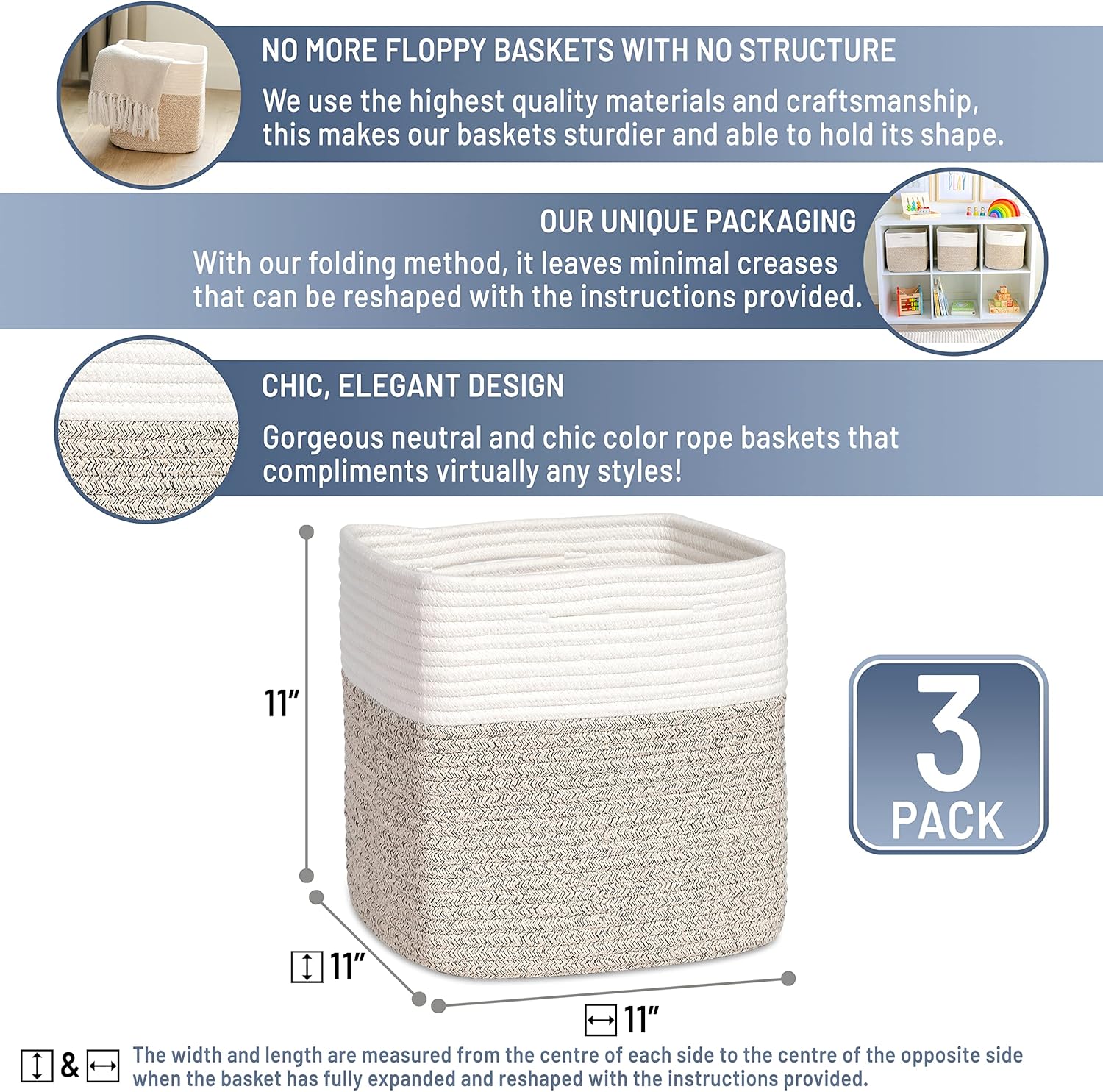 NaturalCozy Storage Cubes - 11 Inch Cotton Rope Baskets for Organizing | 3-Pack Cube Bin Set for Kids, Nursery, Closet