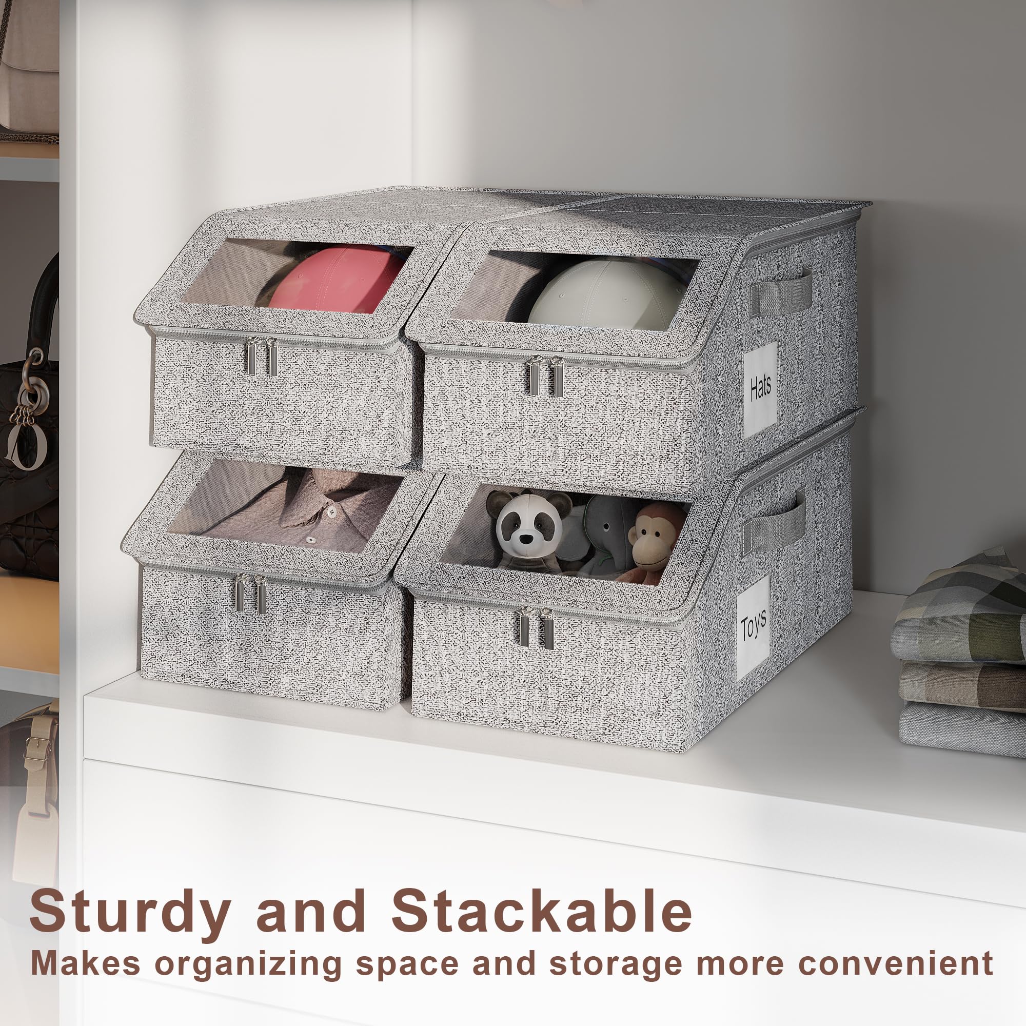 WYZJC 4 PCS Hat Organizer for Baseball Caps, Multi Functional Storage Box (Accommodates 48 Hats) with Visible Window and Zipper - Gray