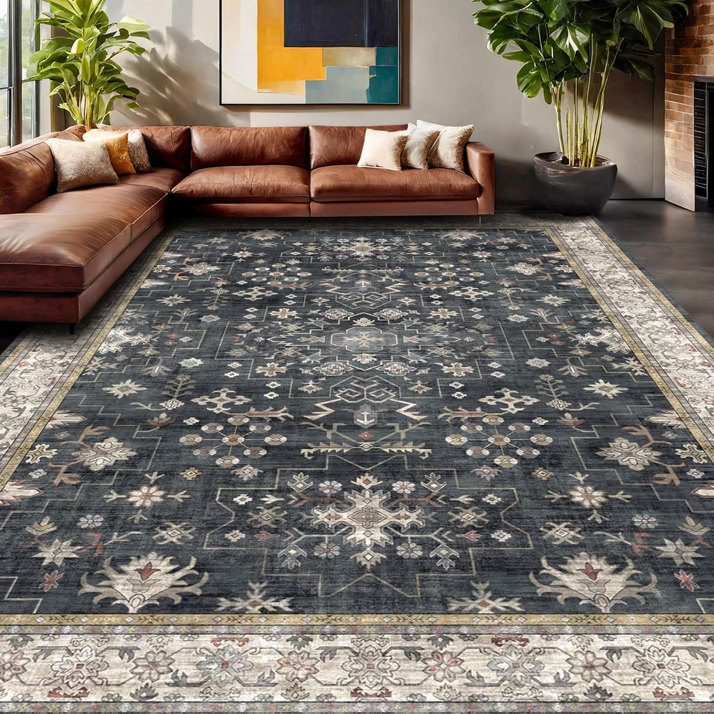 Boho Black Rug - Washable 10x14 Area Rug for Living Room | Soft Low Pile Carpet, Non-Slip & Stain Resistant