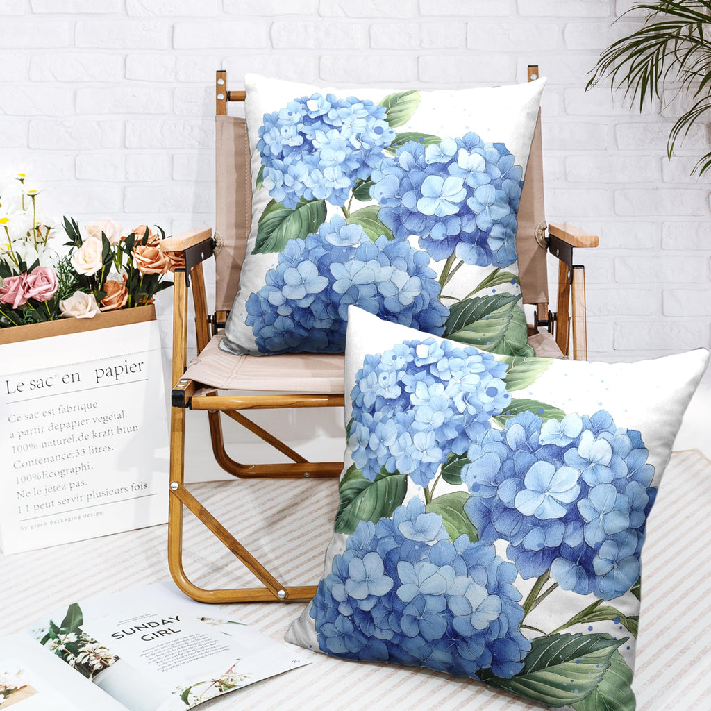Kwlegh Blue Hydrangea Pillow Covers 18x18 Set of 2 Spring Summer Decorative Pillow Covers Flower Throw Pillow Case Square Cotton Linen Cushion Case for Outdoor Living Room Couch Sofa