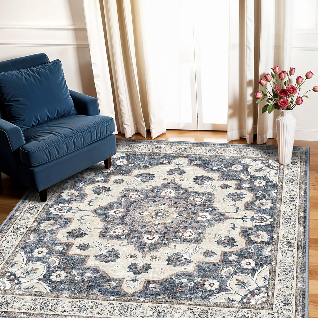 Regine Switzerland Washable 4x4 Square Area Rug - Soft, Non-Slip Carpet for Living Room & Bedroom | Stain Resistant, Blue