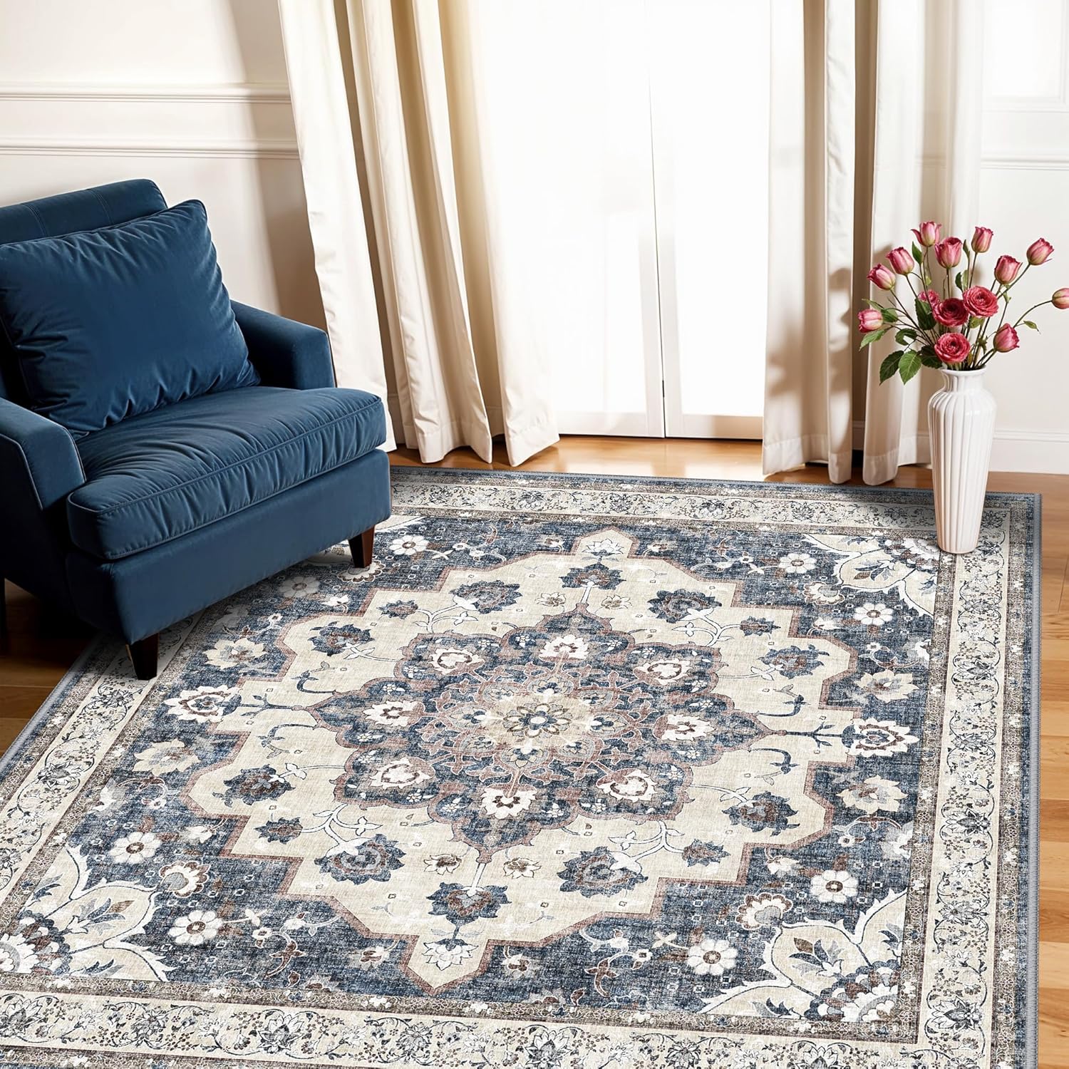 Regine Switzerland Washable 4x4 Square Area Rug - Soft, Non-Slip Carpet for Living Room & Bedroom | Stain Resistant, Blue