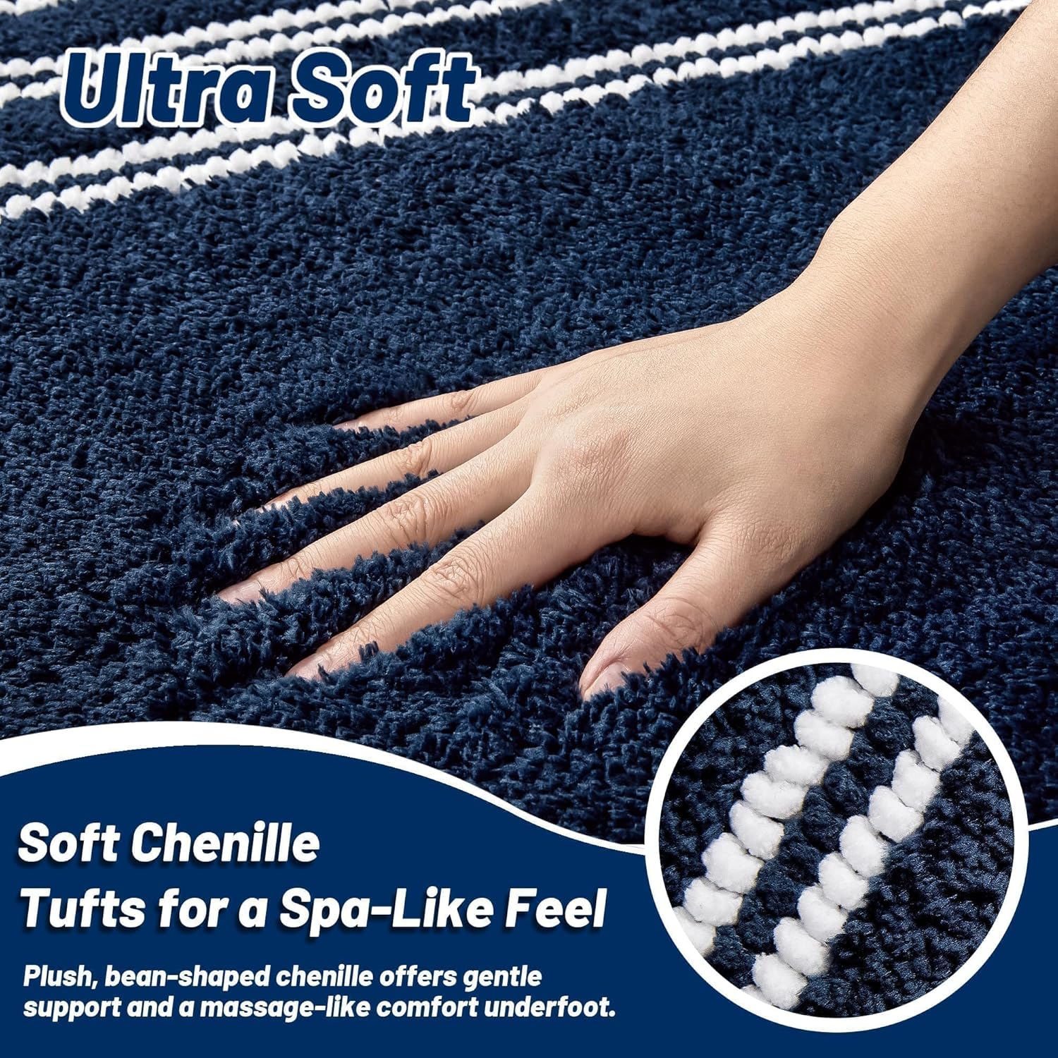 Skiennix Non-Slip Washable Bathroom Rugs - Ultra Soft, Super Absorbent Chenille Mat | 24x17, Navy