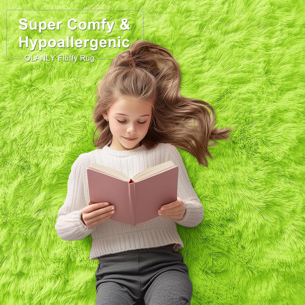 OLANLY Machine Washable 2x6 Runner Rug - Soft Fluffy Shaggy Design for Bedroom & Hallway | Lime Green Home Decor