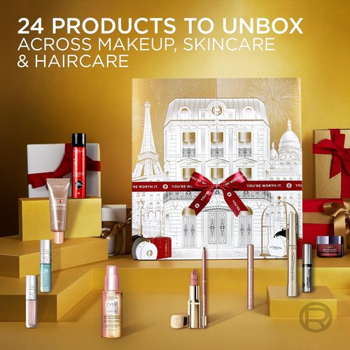 L'Oreal Paris 2025 Beauty Advent Calendar - Deluxe & Mini Makeup, Skincare, Haircare Gift Set