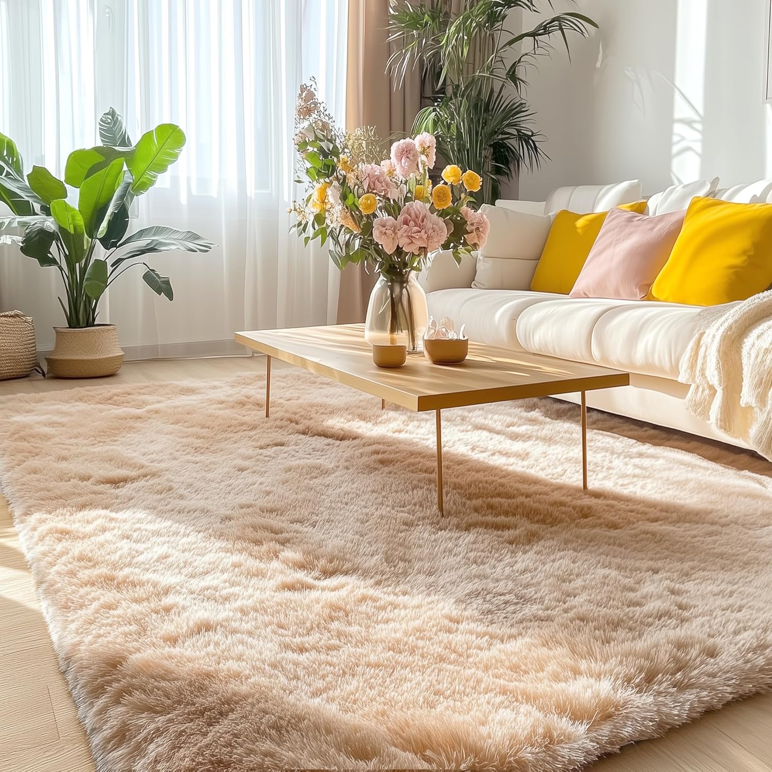 OLANLY 5x7 Large Area Rug - Soft Fluffy Shaggy Carpet for Living Room & Bedroom | Beige Indoor Decor