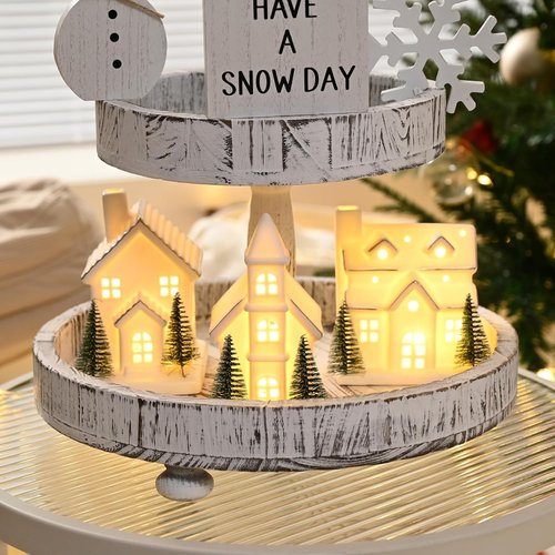 AOMOONOA Ceramic White Christmas Village Houses - 3-Piece LED Lighted Porcelain Set with 6 Trees | Holiday Home Decor
