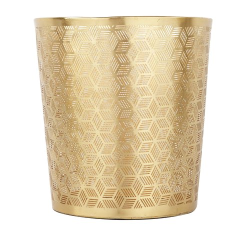 CosmoLiving by Cosmopolitan Metal Geometric Small Waste Bin Cube with Laser Carved Design, 9" x 9" x 10", Gold