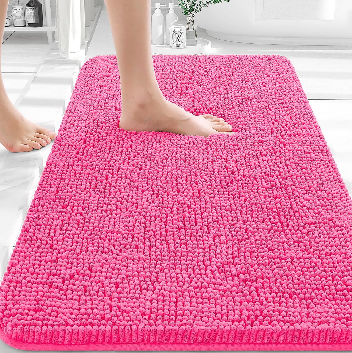 OLANLY Bath Rugs - Extra Soft Chenille, Quick-Dry & Machine Washable | 36x24 Hot Pink Bathroom Mat