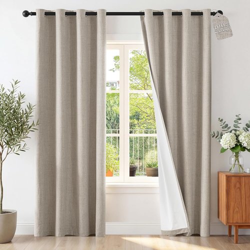 ChrisDowa Linen Blackout Curtains - 100% Thermal Insulated Room Darkening Drapes | 84" Length, Natural Linen, 2 Panels