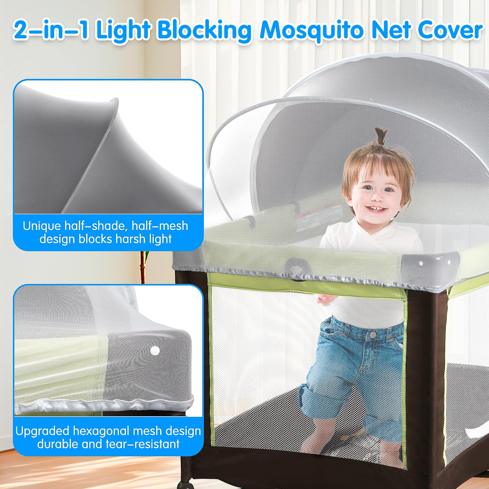 Pack N Play Tent Cover - Light-Blocking Mosquito Net with Two-Way Zipper Portable Bassinet Canopy to Keep Cats Out Bedside Bassinet Insect-Proof Cover, Gray-Large