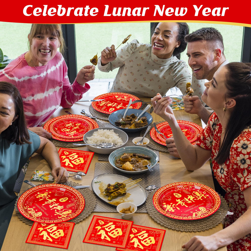 QZYL 150 PCS Lunar New Year Decorations 2026, Disposable Chinese New Year Plates and Napkins, Red Paper Plates, Serve for 50 Spring Festival Party Supplies Chinese Year of the Horse Cutlery