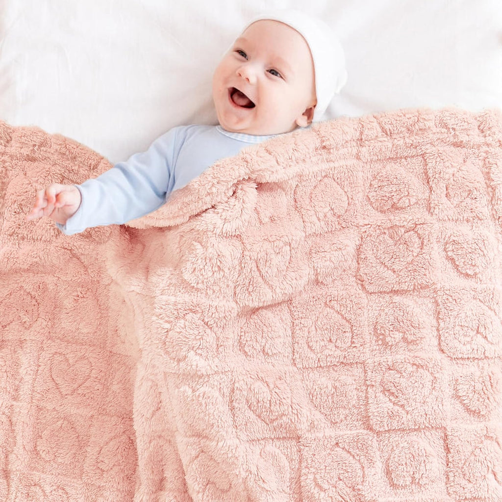 Yurhap Fleece Baby Blanket - Ultra Soft Heart Checkered Design for Girls & Boys | 30” x 40” Light Pink