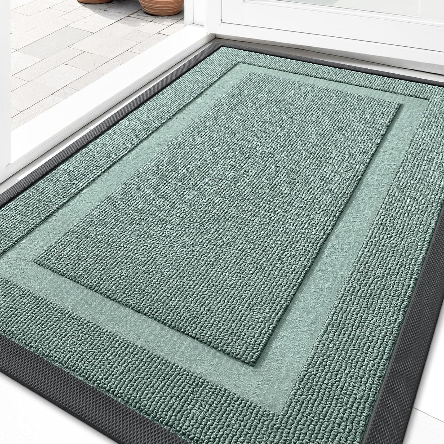 OLANLY Indoor Outdoor Front Door Mat - Waterproof All-Season Natural Rubber | Easy Clean 29.5x17 Grayish Green