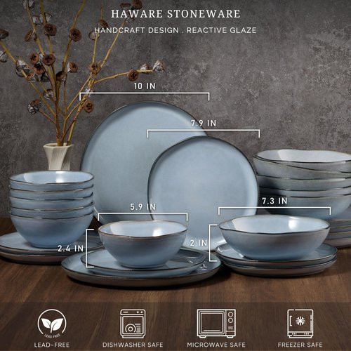 HaWare Plates and Bowls Set, Stoneware Dinnerware Sets, 24-Piece Hand-painted Dishware for 6, Ceramic Dinner Set for Home Kitchen, Scratch Resistant, Microwave and Dishwasher Safe, Reactive Foggy Blue