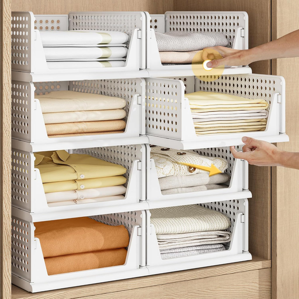 Pinkpum Stackable Plastic Storage Bins - 5 Pack Closet Organizers for Home & Office | White