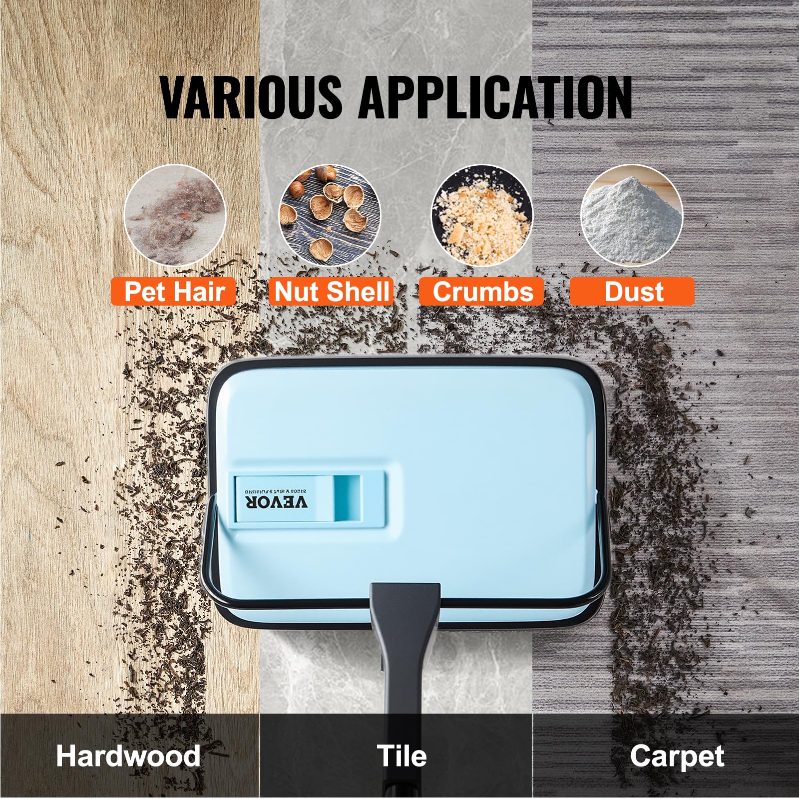 VEVOR Carpet Sweeper Manual, Floor Sweeper with 300 ml Dustbin Capacity Easy to Empty, 6.7 inch Cleaning Width for Home Office Carpets Pet Hair Dust, Blue