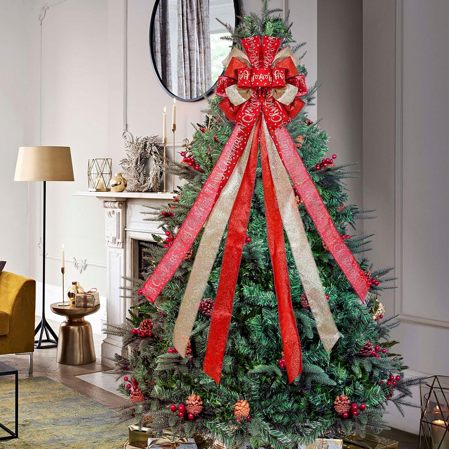 Regine Switzerland Christmas Tree Topper - Large 45"x12" Rustic Red Bow with Letter Pattern for Holiday Decor