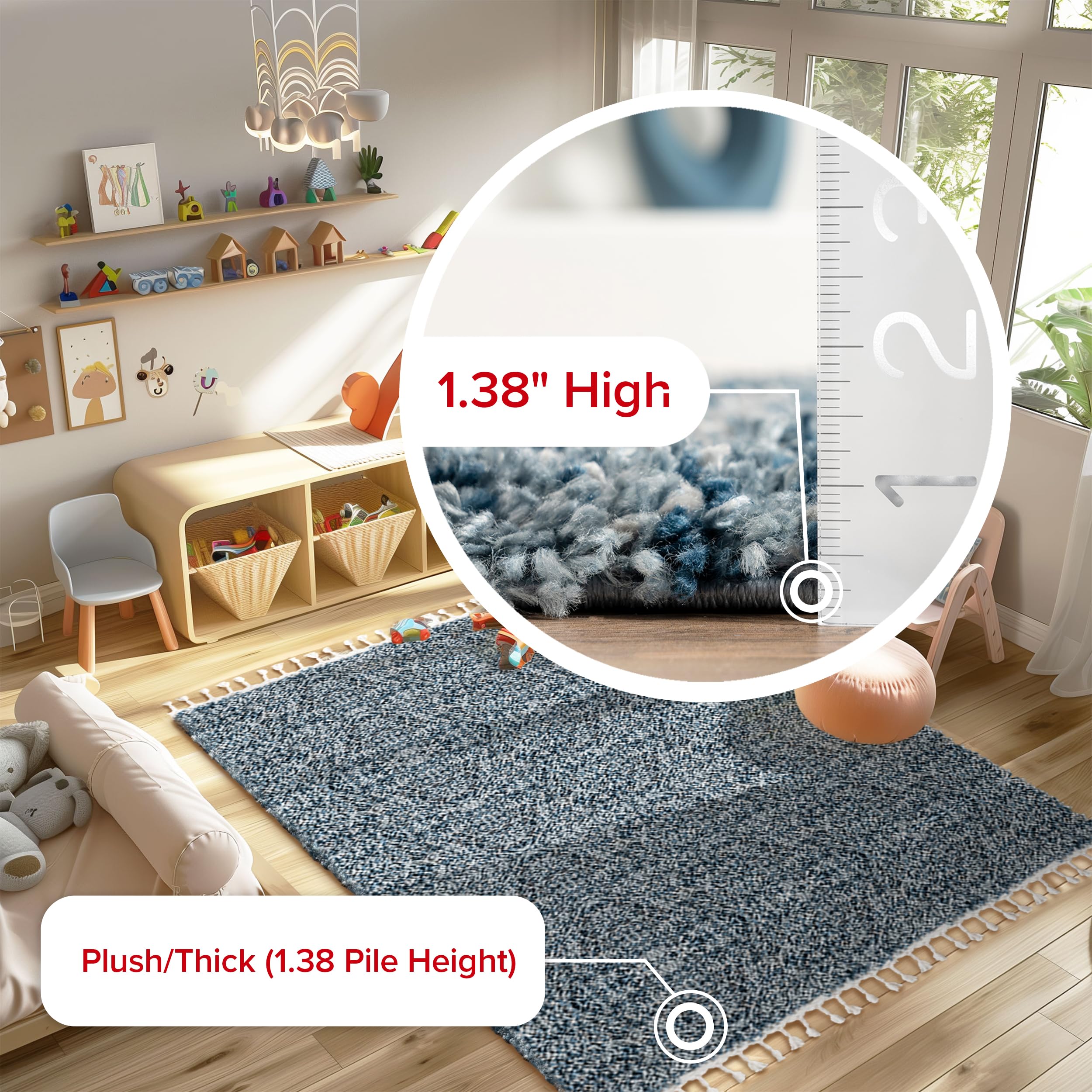 nuLOOM Brooke Shag Tasseled Area Rug - 2x8 Runner Shag Rug Casual Blue/Ivory Rugs for Living Room Bedroom Dining Room Nursery Entryway Hallway