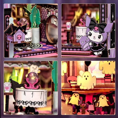 Hands Craft Kuromi Spooky House DIY Book Nook Kit - Official Sanrio Miniature Shelf Insert with Touch LED - 283-Piece 3D Puzzle for Adults & Teens